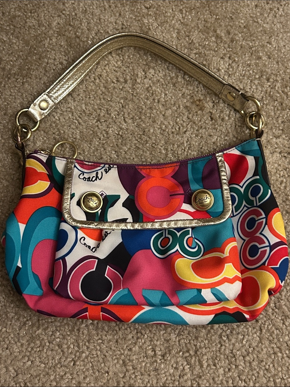 Coach Multicolor Signature Pop Print Shoulder Bag with Gold Trim